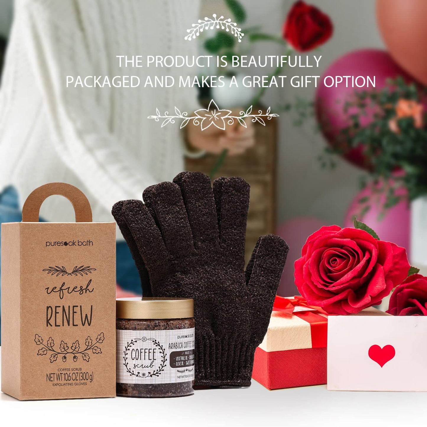 Arabica Coffee Body Scrub Set Gift Spa Scrub for Exfoliate & Moisturize Body Skin Face, Hand, Foot Scrub Set Gifts for Women & Men Spa Bath Set-10.6Oz Coffee Scrub & Free Scrub Gloves