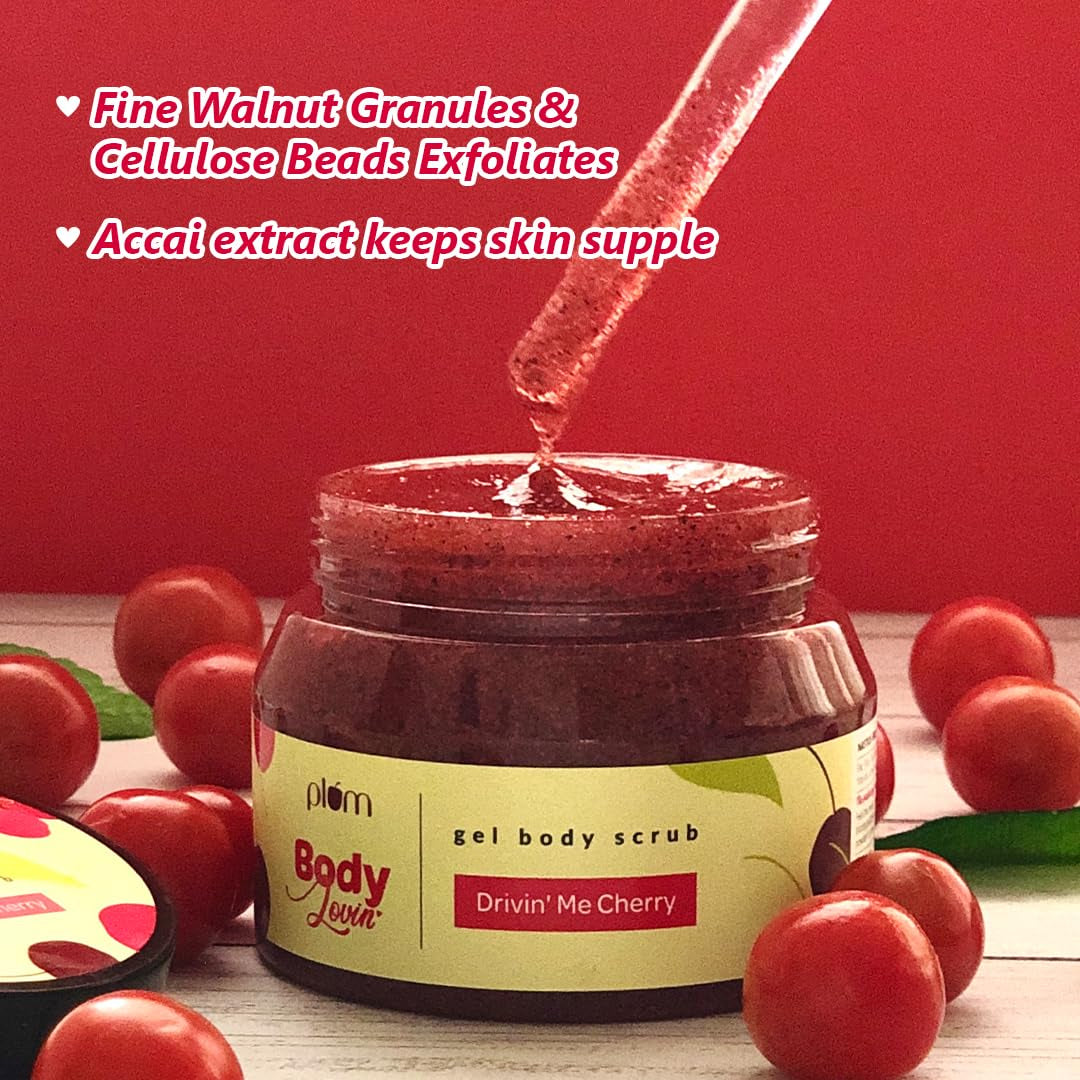 Cherry Exfoliating Body Scrub, Acai Extract & Cellulose Bead Body Scrub, Skin Brightening | Tan Removal Scrub, Cruelty Free & Paraben Free, 100% Vegan, 7.05 Oz
