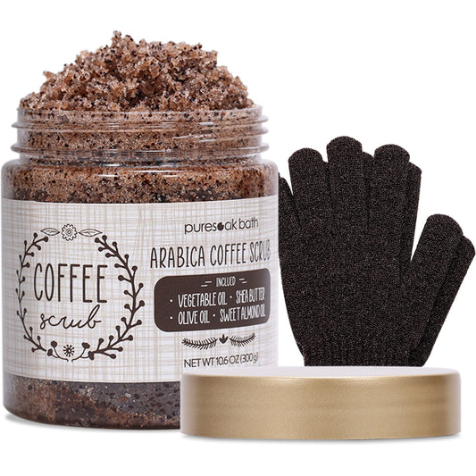 Arabica Coffee Body Scrub Set Gift Spa Scrub for Exfoliate & Moisturize Body Skin Face, Hand, Foot Scrub Set Gifts for Women & Men Spa Bath Set-10.6Oz Coffee Scrub & Free Scrub Gloves