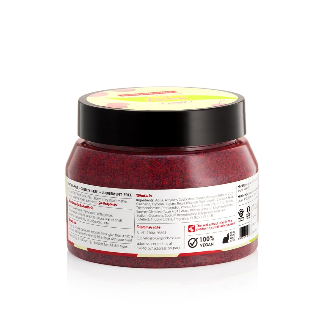 Cherry Exfoliating Body Scrub, Acai Extract & Cellulose Bead Body Scrub, Skin Brightening | Tan Removal Scrub, Cruelty Free & Paraben Free, 100% Vegan, 7.05 Oz