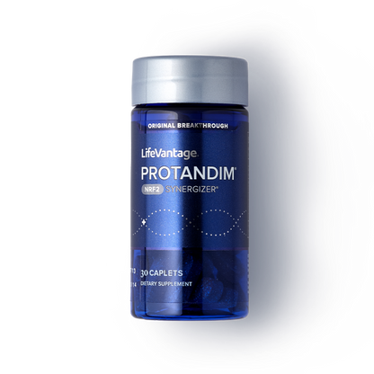 Blue supplement bottle labeled 'LifeVantage Protandim' on a white background